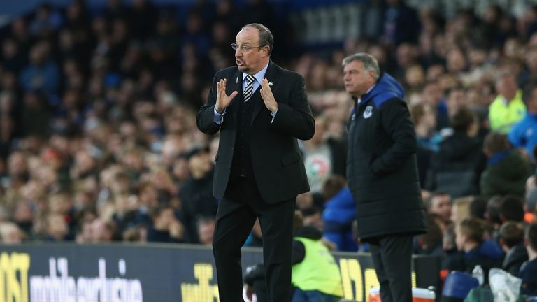 Rafa Benitez gestures on the touchline at Goodison Park