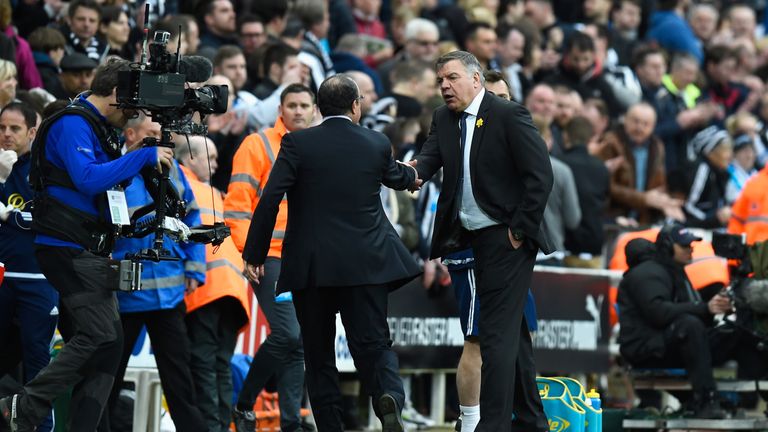 Sam Allardyce greets Rafa Benitez during the Barclays Premier League match between Newcastle United and Sunderland at St James' Park on March 20, 2016 in Newcastle upon Tyne, United Kingdom.