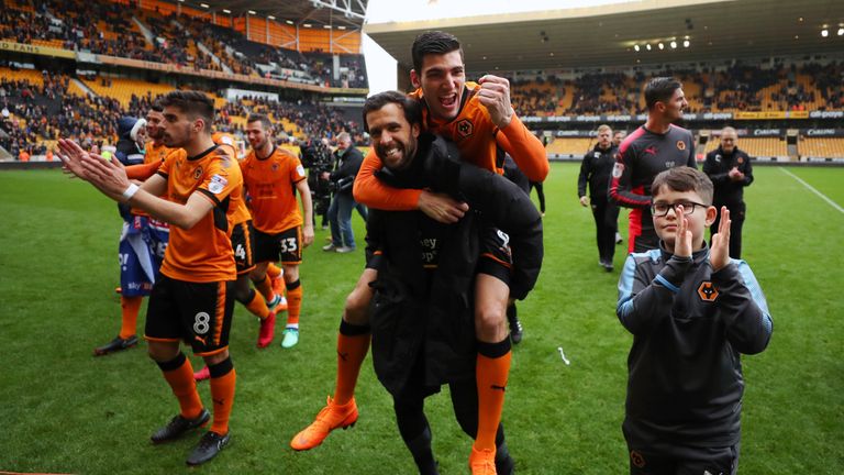 Rafa Mir of Wolverhampton Wanderers celebrates after the Sky Bet Championship match between Wolverhampton Wanderers and Birmingham City at Molineux on April 15, 2018 in Wolverhampton, England. (Photo by Catherine Ivill/Getty Images) *** Local Caption *** Rafa Mir