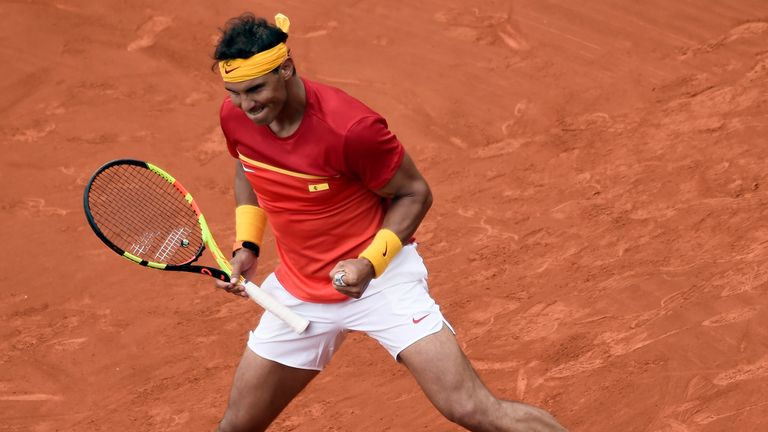 Spain's Rafa Nadal celebrates a point during the Davis Cup quarter-final tennis match between Spain and Germany at the bullring of Valencia, on April 6, 2018