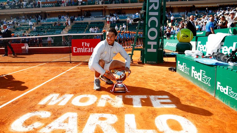 Rafael Nadal of Spain celebrates with the trophy after winning the Monte Carlo Rolex Masters against Kei Nishikori of Japan during day eight of ATP Masters Series: Monte Carlo Rolex Masters at Monte-Carlo Sporting Club on April 22, 2018 in Monte-Carlo, Monaco.