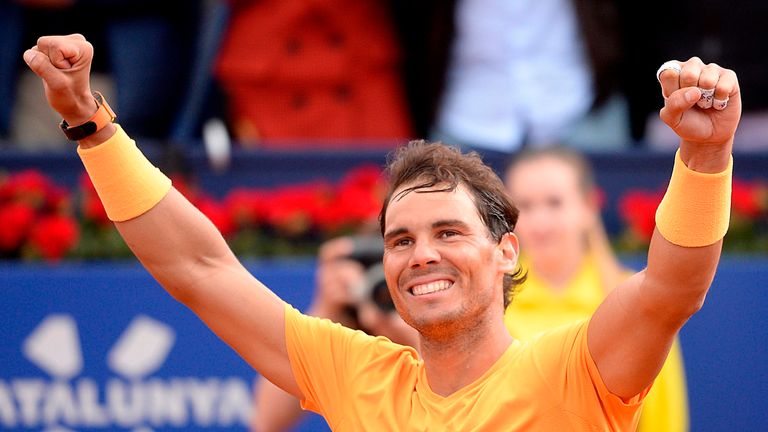 Spain's Rafael Nadal celebrates after beating Greece's Stefanos Tsitsipas during their Barcelona Open ATP tournament final tennis match in Barcelona on April 29, 2018