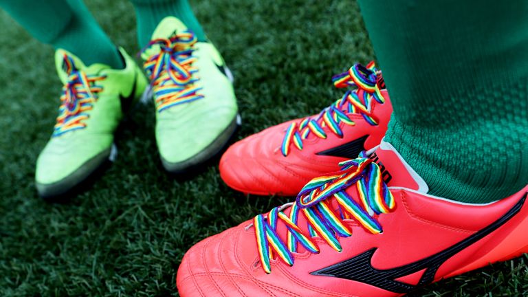 Rainbow Laces seen during the Stonewall FC v Parliamentary team football match. Held at St George's Park, Burton-Upon-Trent, UK on the 11th April 2018...Photo: Paul Currie for FA