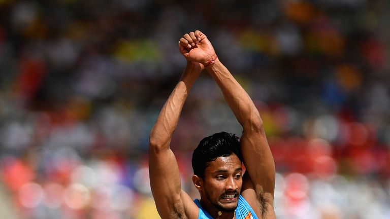 A.V. Rakesh Babu of India competes in the Men's Triple Jump qualification