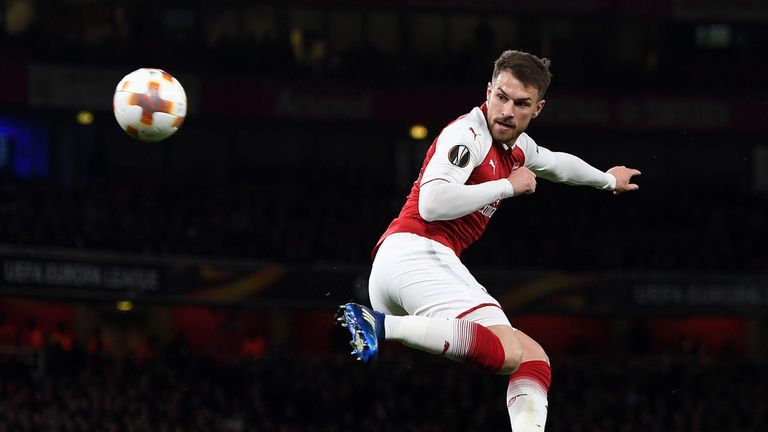LONDON, ENGLAND - APRIL 05:  Aaron Ramsey scores Arsenal's 3rd goal, his 2nd, during the UEFA Europa League quarter final leg one match between Arsenal FC and CSKA Moskva at Emirates Stadium on April 5, 2018 in London, United Kingdom.  (Photo by David Price/Arsenal FC via Getty Images)