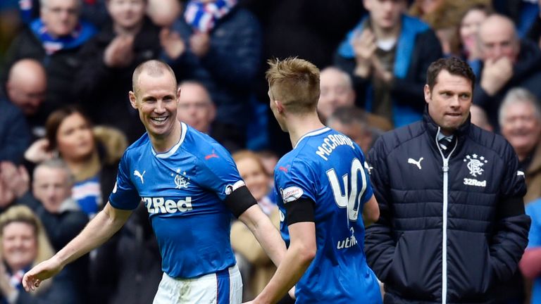 Rangers’ Kenny Miller celebrates his goal with Ross McCrorie