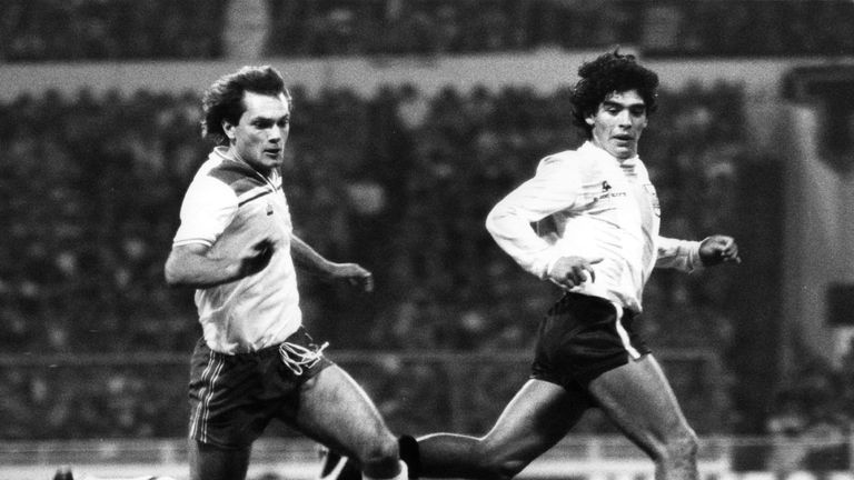 Ray Wilkins and Diego Maradona during a match at Wembley, where England went on to beat Argentina 3-1