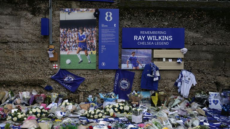 A memorial to former Chelsea legend Ray Wilkins outside Stamford Bridge
