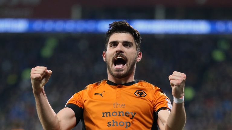 Wolverhampton Wanderers' Ruben Neves celebrates scoring the opening goal during the Sky Bet Championship match v Cardiff City at the Cardiff City Stadium