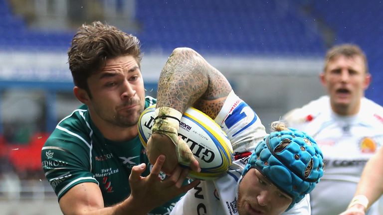 during the Aviva Premiership match between London Irish and Exeter Chiefs at Madejski Stadium on April 15, 2018 in Reading, England.