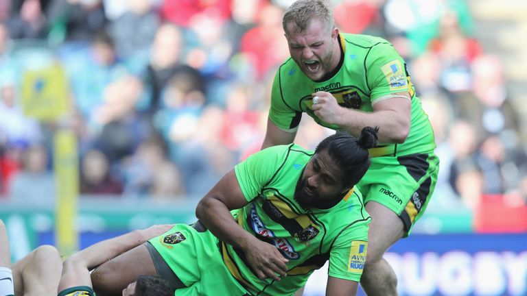Mikey Haywood celebrates a Saints try at Welford Road