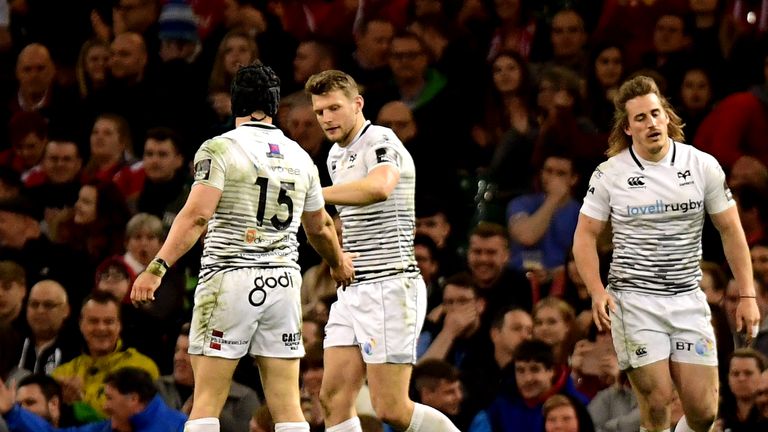 Guinness PRO14, Principality Stadium, Cardiff, Wales 28/4/2018.Cardiff Blues vs Ospreys.Dan Biggar of Ospreys celebrates his try.Mandatory Credit ..INPHO/Alex Davidson