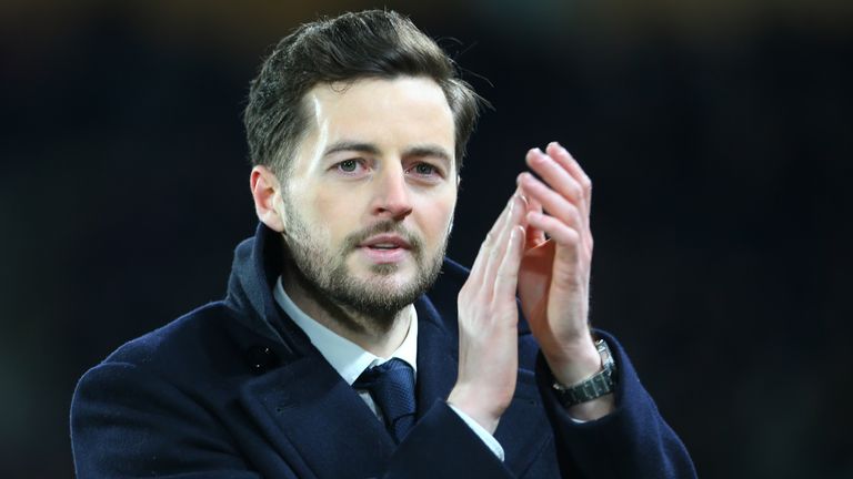 HULL, ENGLAND - FEBRUARY 23: Former Hull City midfielder Ryan Mason who suffered a career ending head injury in January 2017 thanks the Hull City fans during the Sky Bet Championship match between Hull City and Sheffield United at KCOM Stadium on February 23, 2018 in Hull, England. (Photo by Ashley Allen/Getty Images)