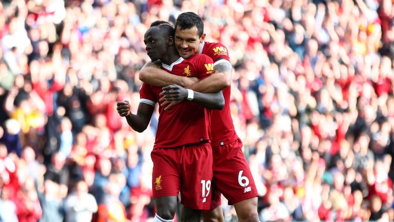Sadio Mane is congratulated by Dejan Lovren after giving Liverpool a 1-0 lead over Bournemouth at Anfield