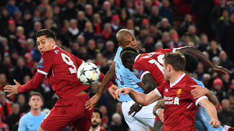 Sadio Mane makes it 3-0 during the UEFA Champions League quarter-final, first leg between Liverpool and Manchester City at Anfield