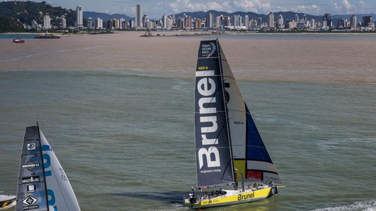 Arrivals of Leg 7 of the Volvo Ocean Race in Itajai, Brazil. Brunel takes first place closely followed by Dongfeng in second. 03 April, 2018. Brian Carlin/Volvo Ocean Race