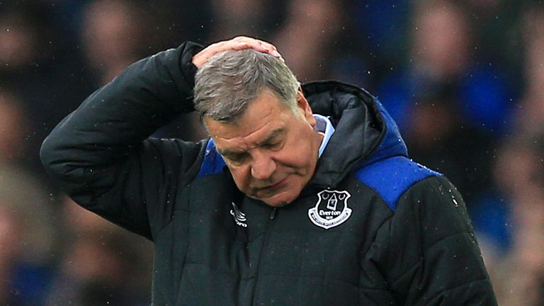 Everton manager Sam Allardyce appears dejected during the Premier League match against Liverpool at Goodison Park