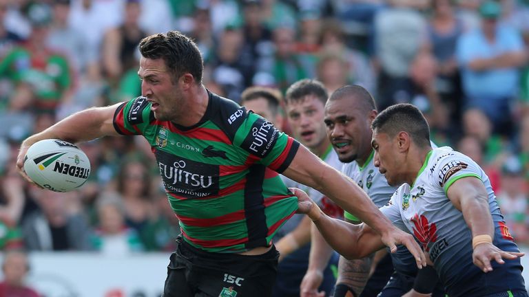 Sam Burgess on the charge for the Rabbitohs