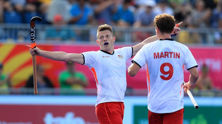 England's Sam Ward celebrates scoring his second goal against Wales at the Gold Coast Hockey Centre during day six of the 2018 Commonwealth Games in the Gold Coast, Australia. PRESS ASSOCIATION Photo. Picture date: Tuesday April 10, 2018. See PA story COMMONWEALTH Hockey. Photo credit should read: Mike Egerton/PA Wire. RESTRICTIONS: Editorial use only. No commercial use. No video emulation.