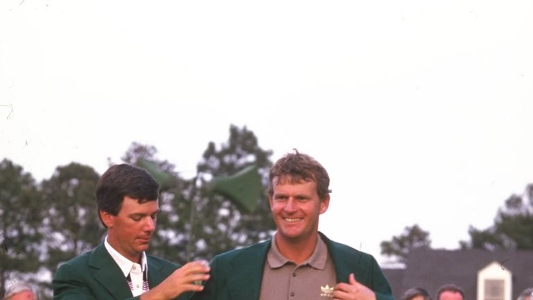 Sandy Lyle is presented with his green jacket following his 1988 Masters victory