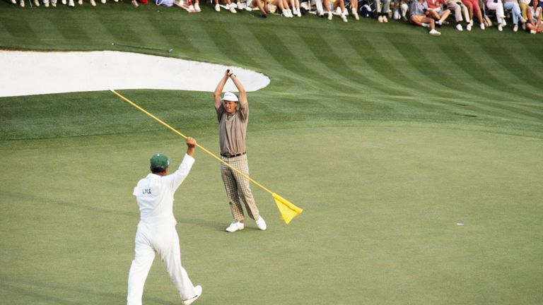 Sandy Lyle celebrates after holing the winning putt in the 1988 Masters