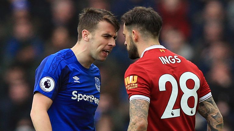 Liverpool's Danny Ings (left) and Everton's Seamus Coleman exchange words during the Premier League match at Goodison Park