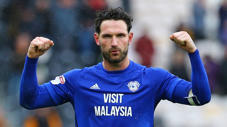HULL, ENGLAND - APRIL 28: Sean Morrison captain of Cardiff City celebrates during the Sky Bet Championship match between Hull City and Cardiff City at KCOM Stadium on April 28, 2018 in Hull, England. (Photo by Ashley Allen/Getty Images)