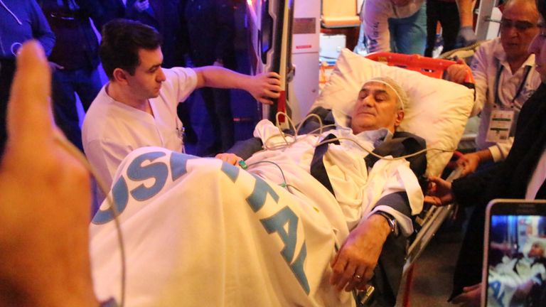 Senol Gunes at the hospital wounded by projectile during the match, in Istanbul, Turkey, on April 19, 2018. A derby match between Istanbul football giants Fenerbahce and Besiktas was postponed by the referee after the visiting manager was injured by objects flung from the stands