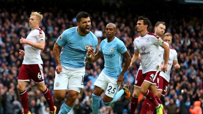Sergio Aguero in action during the Premier League match between Manchester City and Burnley at the Etihad Stadium