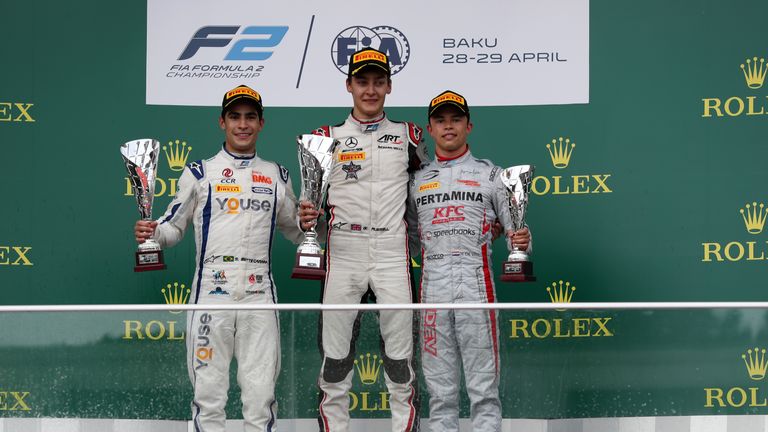 Second placed Sergio Sette Camara, race winner George Russell and third placed Nyck De Vries celebrate on the podium
