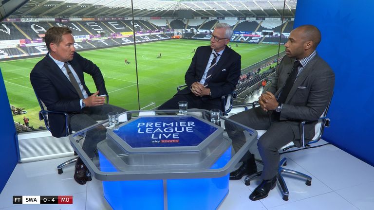 Simon Thomas, with analysts Thierry Henry and Alan Pardew, presenting Premier League Live for Sky Sports