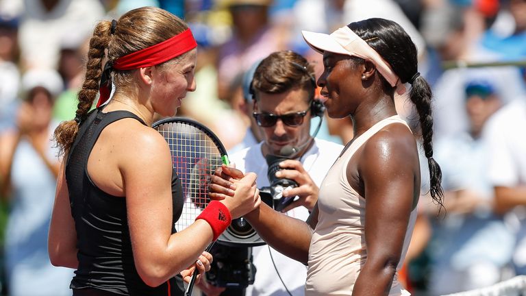 Sloane Stephens of the United States shakes hands with Jelena Ostapenko of Latvia after the women's final on Day 13 of the Miami Open Presented by Itau at Crandon Park Tennis Center on March 31, 2018 in Key Biscayne, Florida