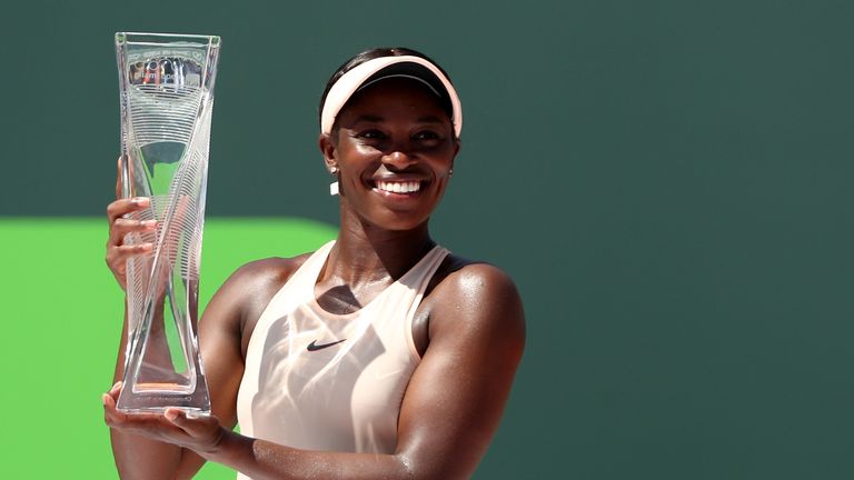 Sloane Stephens poses with the Butch Buchholz trophy after her win over Jelena Ostapenko of Latvia during the women's final of the Miami Open Presented by Itau at Crandon Park Tennis Center on March 31, 2018 in Key Biscayne, Florida