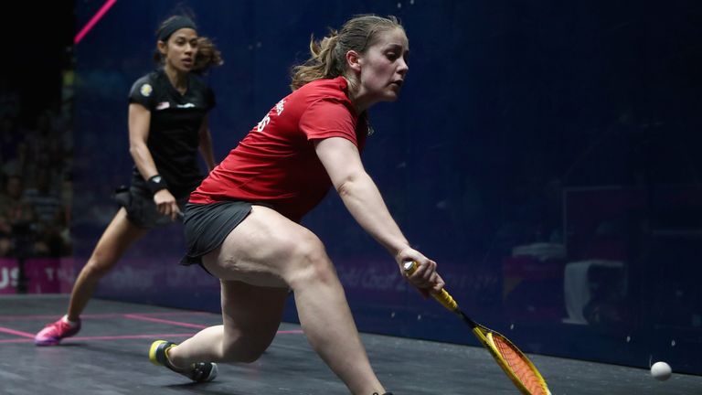  Tesni Evans of Wales (right) competes against Nicol David of Malaysia during squash in the women single Bronze Medal match on day five of the Gold Coast 2018 Commonwealth Games at Oxenford Studios on April 9, 2018 in Gold Coast, Australia. 