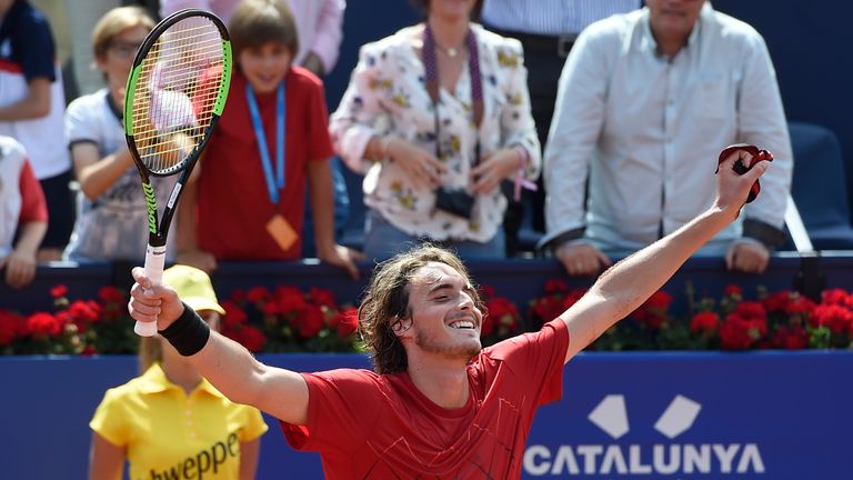 Stefanos Tsitsipas of Greece celebrates his victory against Pablo Carreno of Spain in their semi-final match during day six of the Barcelona Open Banc Sabadell on April 28, 2018 in Barcelona, Spain