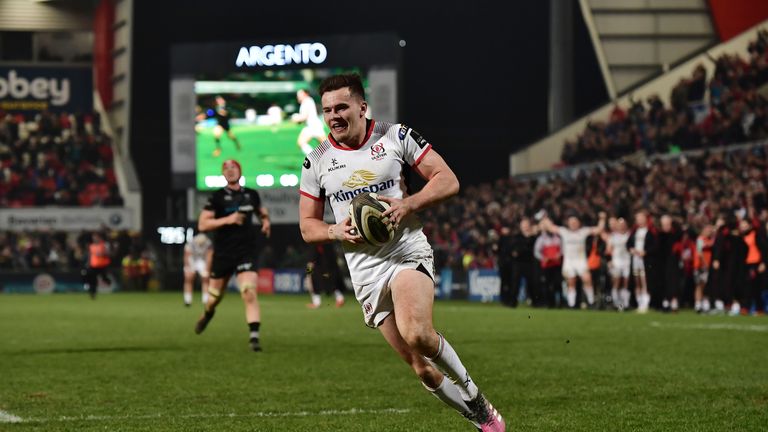 Jacob Stockdale of Ulster slips past the Ospreys back line to score the only try of the game