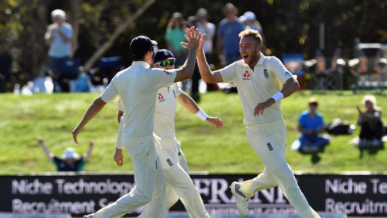 Stuart Broad celebrates during day five of the Second Test match between New Zealand and England at Hagley Oval on April 3, 2018 in Christchurch, New Zealand