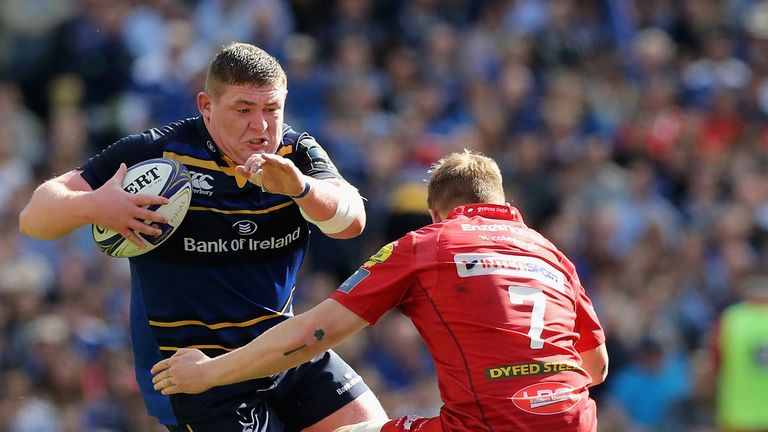 Tadhg Furlong on the charge during the European Rugby Champions Cup Semi-Final match between Leinster Rugby and Scarlets