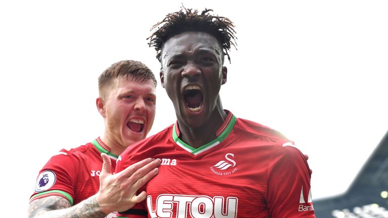 Tammy Abraham celebrates scoring Swansea City's  equaliser during the Premier League match at The Hawthorns