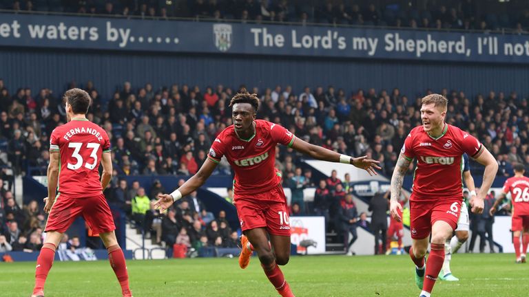 Swansea City's Tammy Abraham celebrates his equaliser during the Premier League match against West Brom at The Hawthorns