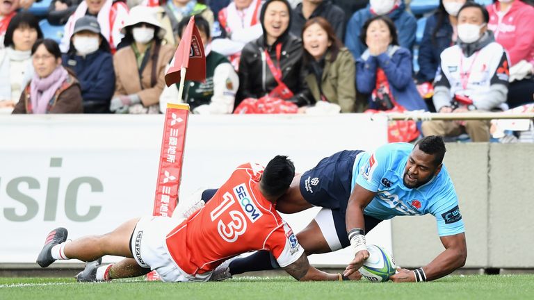 Taqele Naiyaravoro of the Waratahs scores a try during the Super Rugby match between Sunwolves and Waratahs