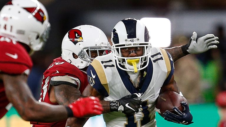 LONDON, ENGLAND - OCTOBER 22:  Tavon Austin #11 of the  Los Angeles Rams runs the ball against the Arizona Cardinals during the NFL match at Twickenham Stadium on October 22, 2017 in London, England. (Photo by Alan Crowhurst/Getty Images)