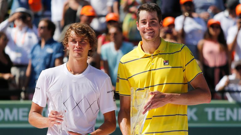 during the men's final on Day 14 of the Miami Open Presented by Itau at Crandon Park Tennis Center on April 1, 2018 in Key Biscayne, Florida.