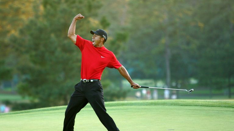 AUGUSTA, GA - APRIL 10:  Tiger Woods celebrates after sinking a putt on the first playoff hole to win the 2005 Masters on April 10, 2005 at Augusta National Golf Course in Augusta, Georgia.  (Photo By Jamie Squire/Getty Images for Golfweek)