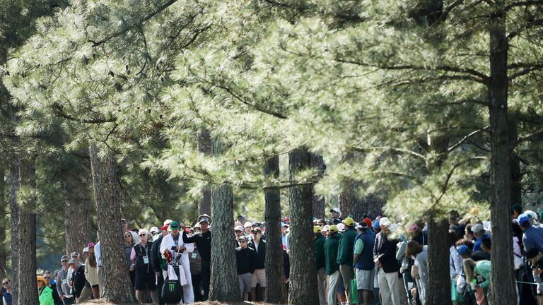 Tiger Woods evaluates his shot from the pine straw on the first hole during round one of the 2018 Masters Tournament at Augusta 