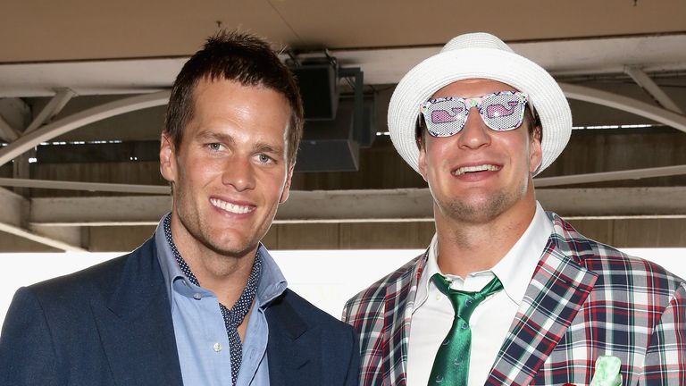 Tom Brady (L) and Rob Gronkowski attend the 141st Kentucky Derby at Churchill Downs on May 2, 2015 in Louisville, Kentucky