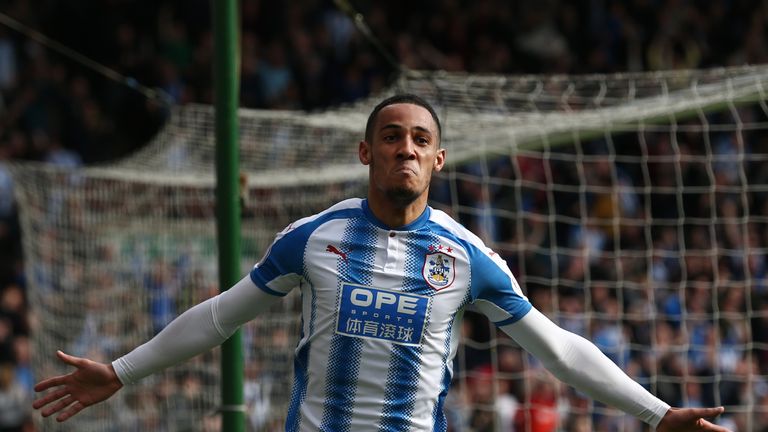 Tom Ince celebrates his injury-time winner during the Premier League match between Huddersfield Town and Watford at the John Smith's Stadium