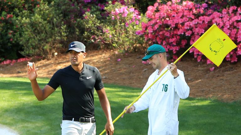 Tony Finau during the first round of the 2018 Masters Tournament at Augusta National Golf Club 