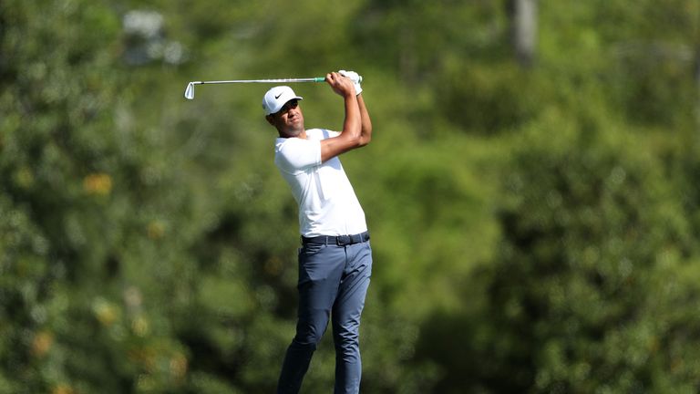 Tony Finau during the second round of the 2018 Masters Tournament at Augusta National Golf Club 