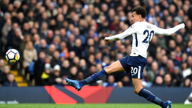 Alli fires in the first of his two goals at Stamford Bridge